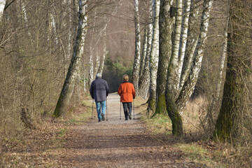 Spaziergang, Senioren, Seniorin, altes Ehepaar, Ehepaar, Waldspaziergang, Natur, Naturfreunde,...
