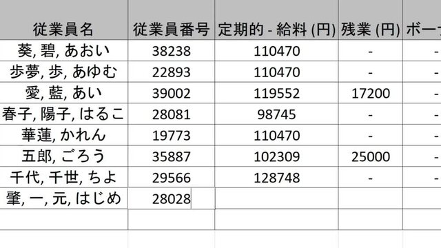 Japanese. Typing Company Payroll Financial Figures Numbers For The Current Period in Spreadsheet. Type Up Employee Pay and Overtime in Worksheet File For Business. Corporation Regular Salary.