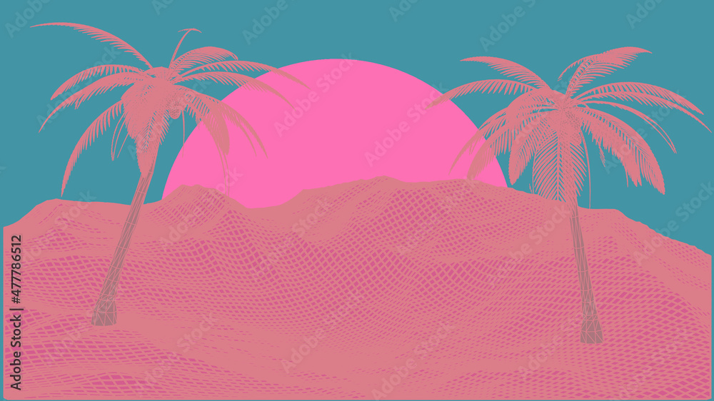 Poster vaporwave retro style 3d landscape with laser grid, row of palm trees and sun. vector illustration.