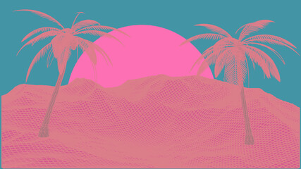 Vaporwave retro style 3D landscape with laser grid, row of palm trees and sun. Vector illustration. - obrazy, fototapety, plakaty