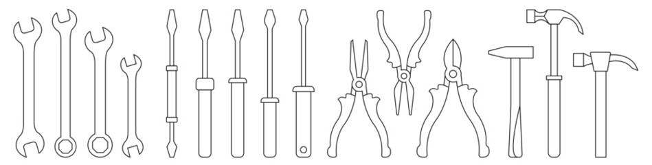 Hand tool. Screwdriver, a hammer, pliers, wrench. Line drawing. Vector