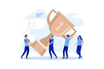 Business Team Success, Achievement Concept. Flat People Characters with Prize, Golden Cup. Office Workers Celebrating with Big Trophy.flat modern design illustration Premium Vector