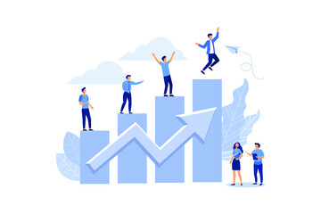 Vector illustration, people run to their goal on the column of columns, move up motivation, the path to the target's achievement