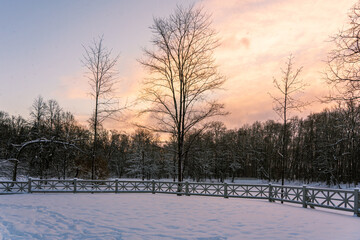 Sunrise in the park. White wooden railings in the snow.