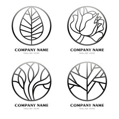 Logo with floral symbols. Round emblem in linear style. Vector abstract icon for natural products design, flower shop, cosmetics, environmental concepts