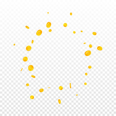 Korean won coins falling. Fascinating scattered WON coins. Korea money. Rare jackpot, wealth or success concept. Vector illustration.