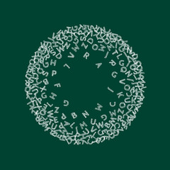 Falling letters of English language. Chalk sketch flying words of Latin alphabet. Foreign languages study concept. Attractive back to school banner on blackboard background.