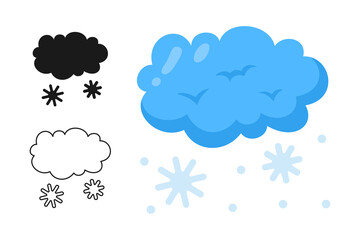 Winter cloud snow icon, snowflake cartoon style. Abstract comic flat cold weather hand drawn symbol. Cute blizzard nature weather element. Meteorological infographics for print, fabric, vector