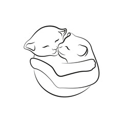 Two cats hugging. Cat with a kitten. Linear drawing. Logo 