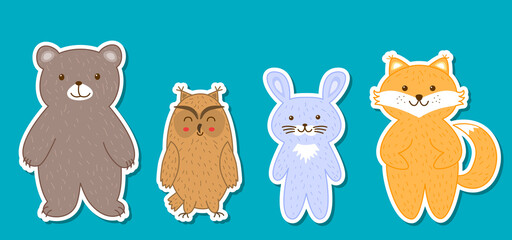 Christmas animals sticker label set. Bear, fox, owl, hare, bunny. Characters with New Year design elements of clothing. Fluffy fur cartoon friends characters for greeting cards and household products