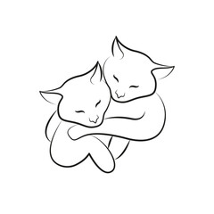 Two cats hugging. Kittens. Line drawing 
