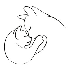 Two cats hugging. Cat with a kitten. Linear drawing. Logo 