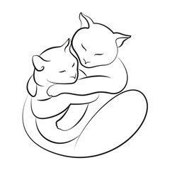 Two cats hugging. Kittens. Line drawing 