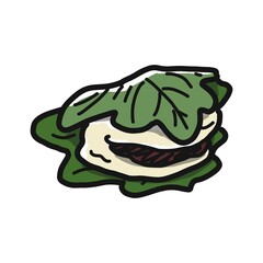 あんこを挟んだ餅を柏の葉で包んだ和菓子、かしわ餅のイラスト