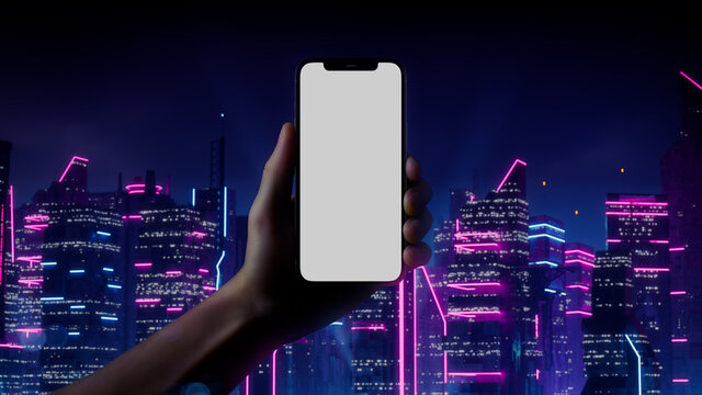 Futuristic Smartphone Template, with Blue and Pink neon City Skyline Backdrop.