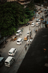 Lagos Island, Lagos, Nigeria - 20.11.2021: 

Cityscape of high rise buildings in downtown Lagos Island showing cars on the road.