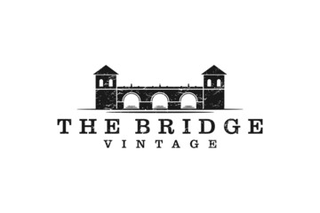 Vintage Bridge and River Landscape silhouette view logo design