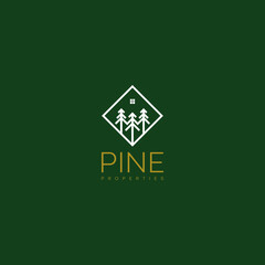 Pine tree logo design with abstract home vector graphic