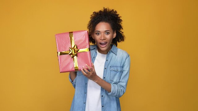 Lady enjoy big dream wish package cuddle isolated shine color background