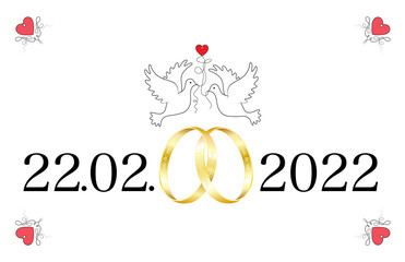 Hochzeit am 2. 2. 2022, Schnapszahl Hochzeitstermin, 
mit Goldene Ehe Ringe, Tauben und Liebes Herzen,
Eheringe mit Liebesbotschaft eingraviert,
Vektor illustration isoliert auf weißem Hintergrund