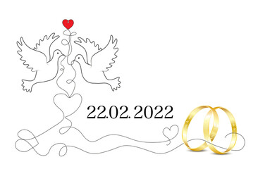 Hochzeit am 22. 2. 2022, Schnapszahl Hochzeitstermin, 
mit Goldene Ehe Ringe, Tauben und Liebes Herz,
Eheringe mit Liebesbotschaft eingraviert,
Vektor illustration isoliert auf weißem Hintergrund
