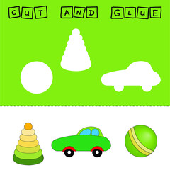 Vector illustration of  cartoon toys lacking the desired element. paper game for the development of preschoolers. Cut out parts of the image and glue on the toy. A fun game for kids and kids
