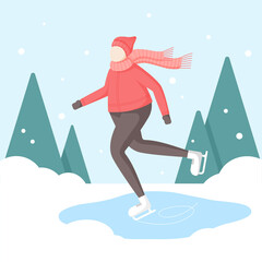 The girl ice skating on an ice rink. Vector illustration.