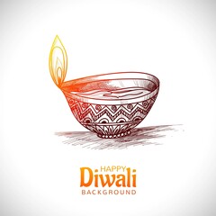 Diwali oil lamp festival hand draw sketch card design