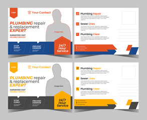 Real Estate home repair plumber postcard template with blue and orange elements.