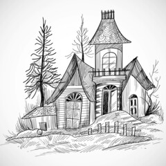 Hounted old house halloween sketch design