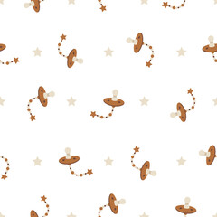 Seamless pattern with boho baby pacifiers. Hand drawn elements for nursery textile, wrapping paper, postcards. Vector illustration in flat cartoon style.