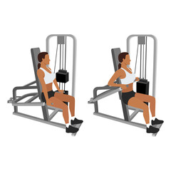 Woman doing Assisted Machine seated tricep dips exercise. Flat vector illustration isolated on white background