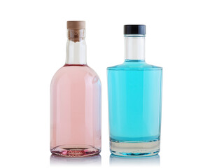 Bottles with pink blue gin - obrazy, fototapety, plakaty