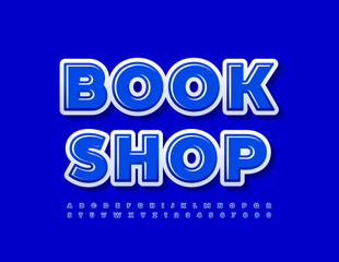 Vector modern logo Book Shop. Blue glossy Font. Set of bright Alphabet Letters and Numbers