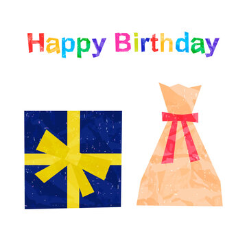 Illustration of a gift with a ribbon and the characters of "Happy Birthday" (white background, vector, cut out)