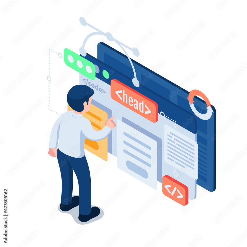 Poster isometric businessman or web developer design website interface