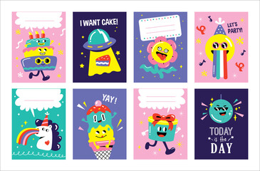 Set of birthday greeting card/ gift tag with party funny and cute characters design. 