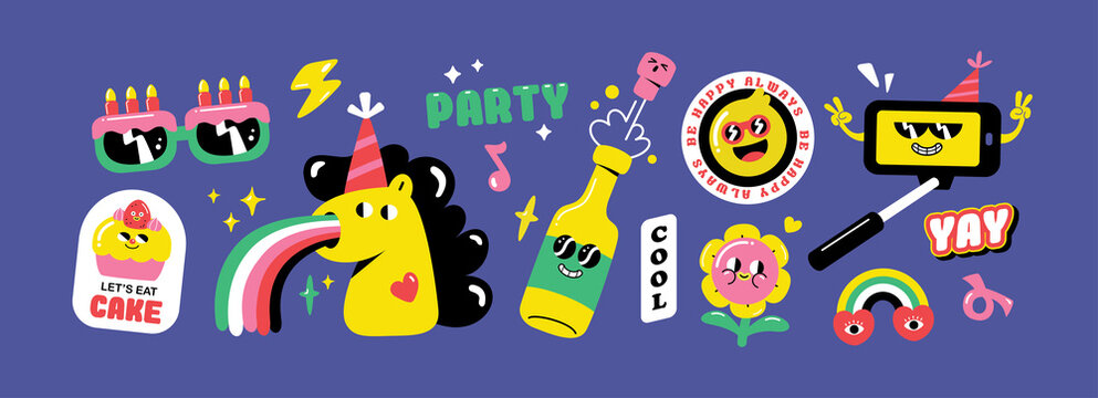 Set of  birthday party funny and cute characters design. Stickers and patches vector illustration.