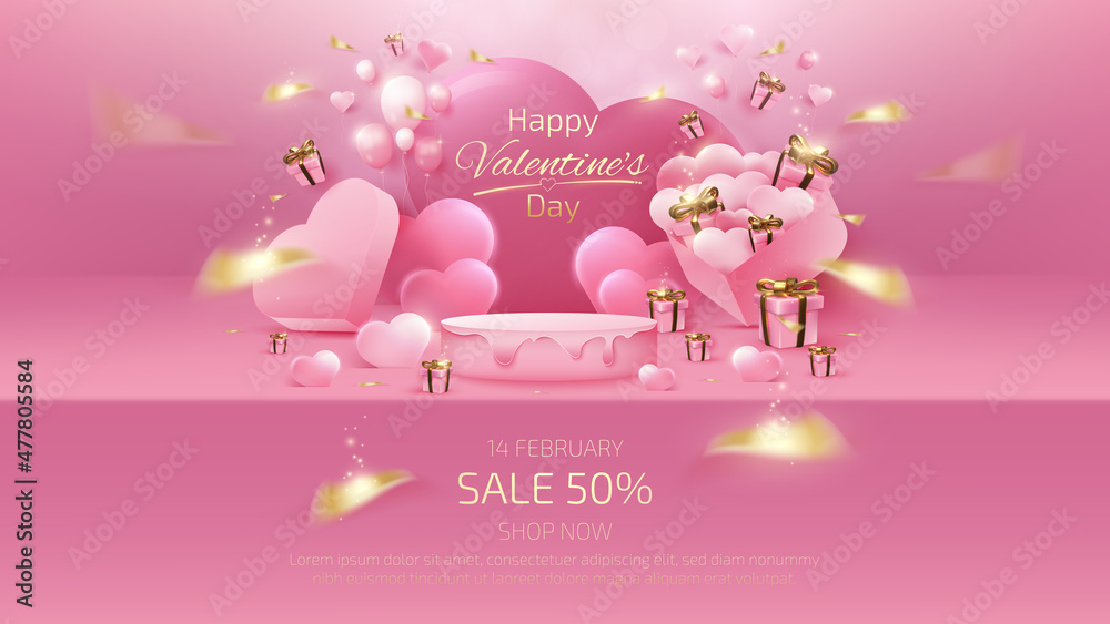 Wall mural Valentine's day background and sale banner template with realistic 3d pink shelf and gift box elements, ribbon, balloon heart shaped with glitter light effects and bokeh.