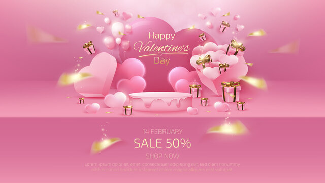 Valentine's Day Background And Sale Banner Template With Realistic 3d Pink Shelf And Gift Box Elements, Ribbon, Balloon Heart Shaped With Glitter Light Effects And Bokeh.