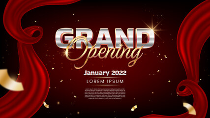 Realistic grand opening event design with red silk and golden confetti
