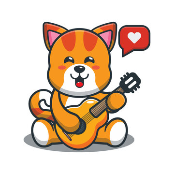 Cute cat playing guitar. Cute cartoon animal illustration.