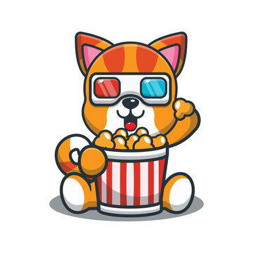 Cute cat eating popcorn and watch 3d movie. Cute cartoon animal illustration.