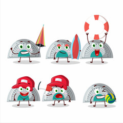 Happy Face white arc ruler cartoon character playing on a beach