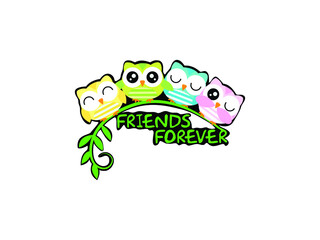 Owl Friends Forever vector illustration. Cute owl birds, t-shirt design kids Sticker
