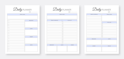 Daily planner pages design collection set, Minimalist planner pages templates, 3 Set of minimalist daily planners, Daily planner bundle set.