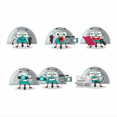 Character reporter white arc ruler cute mascot with microphone