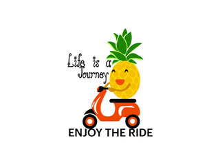 Cartoon Pineapple Summer fruits Vector illustration. typography, t-shirt graphics, Tropical, vibes, sun, and fun, Enjoy, life is a journey