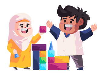 Muslim kids children play bloks briks stacking colorful wooden cubes wearing veil friend boys and girls