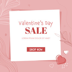 Valentine's Day Sale Poster Design With Linear Leaves In White And Pink Color.